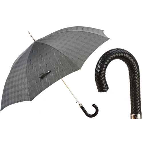 Pasotti - Parasol w szarą kratkę i z plecioną skórzaną rączką