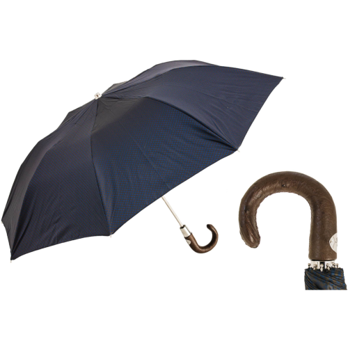 Pasotti - Składany parasol w pepitkę, rączka ze skóry strusia