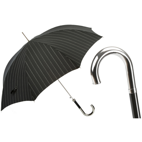 Pasotti - Parasol czarny w prążek, z zakrzywioną srebrną rączką
